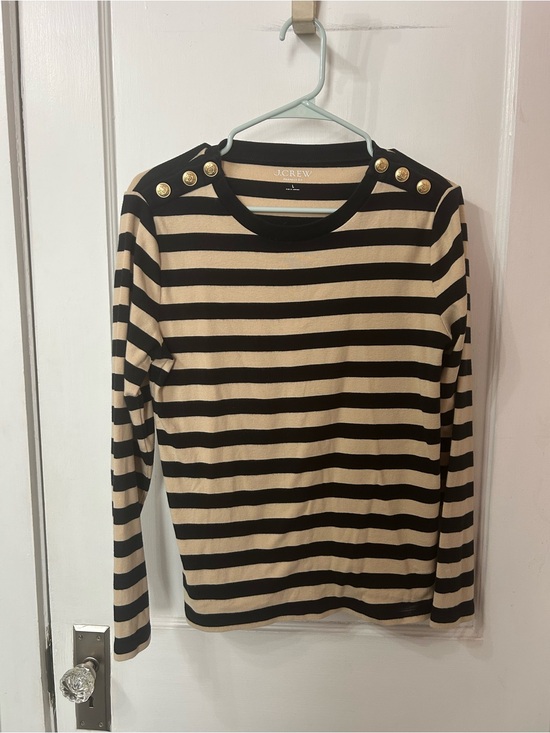 J. Crew Tops - J. Crew Black and Tan Striped Button-Shoulder Long Sleeve Top